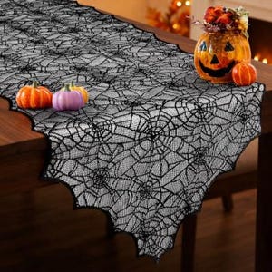 Halloween Black Lace Spider Web Table Runner, 18 x 72 Inch Gothic Table Decor, Haunted House Party, Spooky Dining Decoration