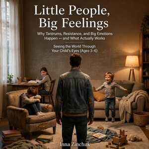 May include: A book titled Little People, Big Feelings: Why Tantrums, Resistance, and Big Emotions Happen — and What Actually Works by Inna Zinchuk. The cover features a person standing in a room with two children, one sitting in a chair and one jumping.