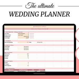 Peut inclure: Un écran d'ordinateur portable affichant un modèle de planificateur de mariage avec le texte "The ultimate WEDDING PLANNER." Le modèle comprend des sections pour le budget, le résumé des invités et l'avancement des fournisseurs.