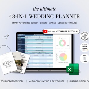 May include: A 48-in-1 wedding planner digital spreadsheet for Microsoft Excel. The display shows a budget tracker with charts, a YouTube tutorial link, and three bonus documents. Features include 40+ tabs, currency support, and 1-click color changes.