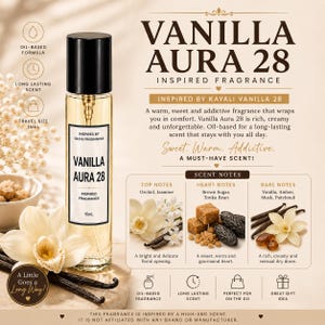 May include: A 15mL glass spray bottle of Vanilla Aura 28 inspired fragrance with a black cap and white label. The text reads Vanilla Aura 28 Inspired Fragrance. The image includes scent notes of orchid, jasmine, brown sugar, tonka bean, vanilla, amber, musk, and patchouli, alongside icons for oil-based formula, long-lasting scent, and travel size.