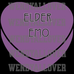 May include: A purple heart-shaped graphic with a black outline. The text ELDER EMO is centered in black capital letters with a white outline. The background features a repeating watermark of the text WENDYALLOVER in a dark grey font.