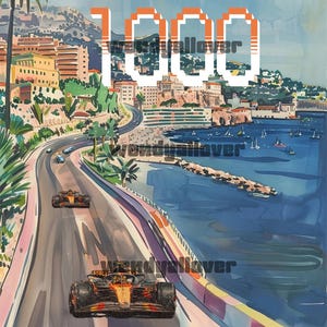 May include: A colorful poster depicting the Monaco Grand Prix 2026 with the number 1000 in large white and orange text. The illustration shows Formula 1 race cars on a coastal track next to a blue harbor with boats and buildings in the background.