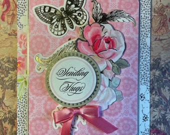 Sending Hugs Handmade Card - 3D Pop Up - Vintage - Encouragement- Love - For Her - Victorian