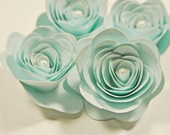 Paper Turquoise Roses 4 Flowers With Pearls Spellbinders Mixed Media Handmade