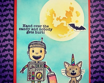 Simon Hurley Robo Kid Halloween Card-Handmade Card-Halloween Card-Halloween trick o treat-Halloween-Greeting Card