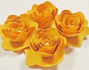 Paper Yellow Roses 4 Flowers With Pearls Spellbinders Mixed Media Handmade