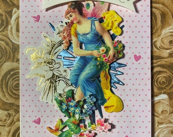 Just For You Friend Handmade Card - 3D Pop Up - Fairy - Vintage - Valentines - Love - For Her - Victorian