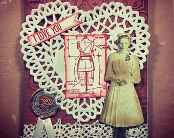 Valentinstag Karte 3D Pop Up Herz Wachssiegel Mixed Media Handgemachte Karte Tim Holtz Vintage