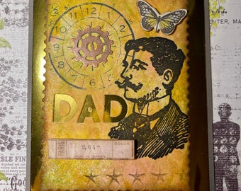 Tim Holtz Dad Vintage Card Mixed Media Handmade 3D POP up- Tim Holtz - Handmade -Note Card - Gift For Him