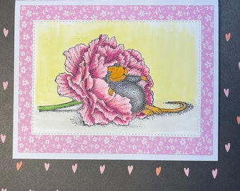 Amanda and Her Flower - Handmade Card - Greeting Card - Valentine Card - Love card - For Her - House Mouse