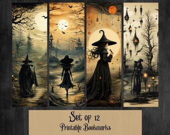 12 Witch Printable Bookmarks | Digital Download JPG Bookmark Set | PNG Bookmark Designs | Halloween Printable Bookmarks
