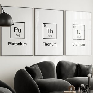 Väggkonst med grundämnen plutonium, uran och torium | Radioaktiva grundämnen i det periodiska systemet | Set med 3 utskrivbara vetenskapliga posters