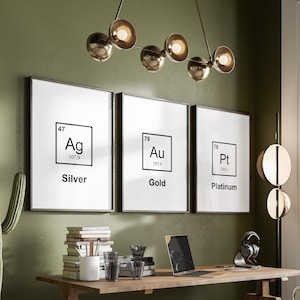 Elements Silver, Platinum, & Gold wall art | Precious metals elements of the Periodic Table | Set of 3 Printable Science posters