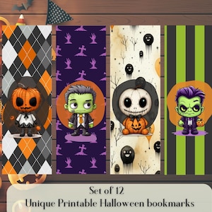 12 Cute Halloween Printable Bookmarks | Digital Download JPG Bookmark Set | PNG Bookmark Designs | Whimsical Halloween Bookmarks