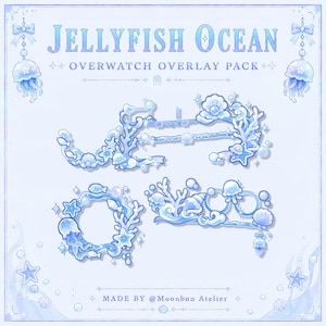 May include: A digital graphic asset set titled JELLYFISH OCEAN OVERWATCH OVERLAY PACK. The design features light blue aquatic elements including jellyfish, coral, seashells, and starfish arranged into frames and borders. Text reads MADE BY @Moonbun Atelier.