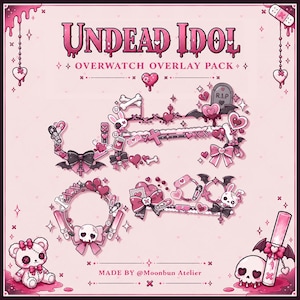 May include: A digital graphic set titled Undead Idol Overwatch Overlay Pack featuring pink and black elements including hearts, skulls, bows, bandages, crosses, and bones. The collection includes decorative frames, icons, and a teddy bear.