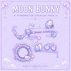 May include: A digital overlay pack titled MOON BUNNY OVERWATCH OVERLAY PACK featuring light purple graphics of bunnies, stars, moons, planets, and bows. The set includes frames, borders, and decorative elements with a soft pastel color palette.