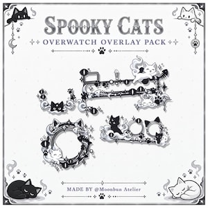 Puede incluir: Un paquete de superposiciones gráficas digitales titulado SPOOKY CATS OVERWATCH OVERLAY PACK con ilustraciones en blanco y negro de gatos, espinas de pescado, huellas de patas y estrellas para diseños de pantalla y marcos decorativos.