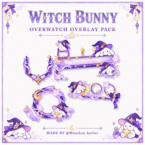 May include: Witch Bunny Overwatch Overlay Pack featuring purple and gold graphic elements, including frames, banners, and icons with white rabbits in witch hats, stars, moons, and clouds. Text reads Witch Bunny Overwatch Overlay Pack.