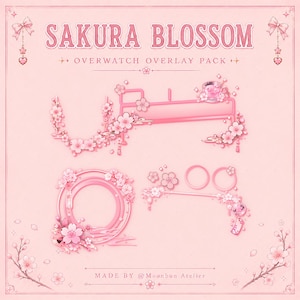 May include: A digital overlay pack titled SAKURA BLOSSOM OVERWATCH OVERLAY PACK featuring pink graphic elements decorated with cherry blossoms. The set includes frames, borders, and icons with floral accents, all set against a light pink background.