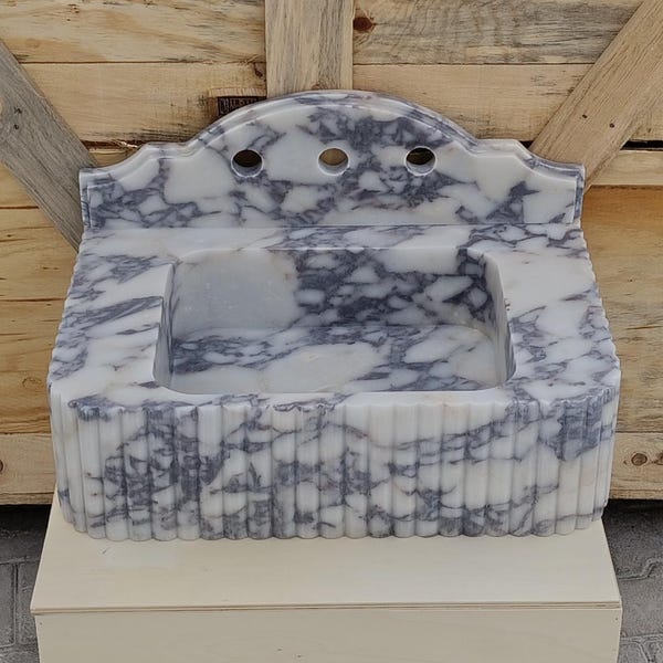 Custom Calacatta Viola Country Sink with Backsplash; Hand Carved Fluted Marble Washbasin, Stone Vessel Sink, Luxury Powder Room Basin