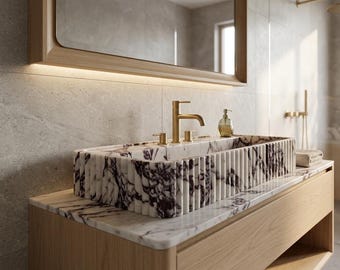 Custom Calacatta Marble Sink; Solid Stone Floating Vanity, High-End Bathroom Fixture, Luxury Italian Marble Top Vessel