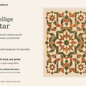 Könnte beinhalten: Ein 10,16 x 15,24 cm Kunstdruck mit dem Titel Zellige Star von WiMoWorld mit einem geometrischen marokkanischen Muster in Grün- und Orangetönen auf cremefarbenem Grund. Der Text umfasst Geometric Moroccan Art, Printable Illustration und A small moment of warmth.
