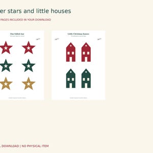 Könnte beinhalten: Ein digitaler Download mit zwei druckbaren Seiten mit dem Titel Paper stars and little houses. Eine Seite zeigt sechs Sterne in Rot, Grün und Gold. Die zweite Seite zeigt vier Hausformen in Rot und Grün mit weißen Fenstern.
