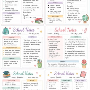May include: A set of colorful school notes on various subjects, including math, science, English, history, geography, and Spanish. Each note has a title, date, key points, and examples. The notes are decorated with hearts and stars.
