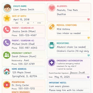 May include: A child emergency information form featuring a colourful design with a cloud, sun, and backpack. It includes fields for name, date of birth, parent contact details, allergies, medical conditions, medications, address, and emergency authorisation.