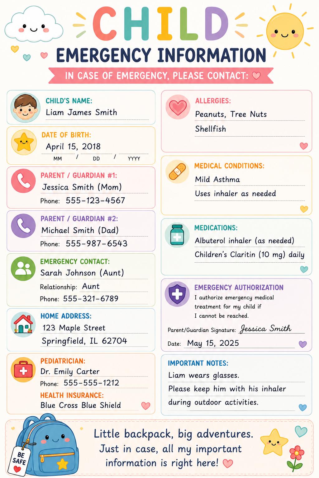 Child Emergency Information Sheet - Etsy