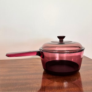 May include: A translucent deep purple glass saucepan with a matching lid. The pot features a long, solid handle extending from one side and a circular lid with a central knob and a subtle, radiating sunburst pattern etched into the top surface.