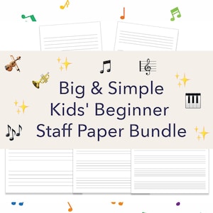 Puede incluir: Un paquete de papel pautado para niños, con el texto "Big & Simple Kids' Beginner Staff Paper Bundle". La imagen incluye notas musicales coloridas, un violín, una trompeta y un teclado de piano. El papel pautado es blanco con cinco líneas horizontales.