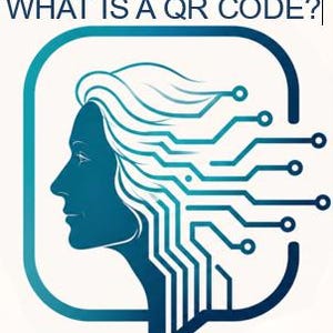 May include: A graphic illustration featuring the text WHAT IS A QR CODE? above a stylized profile of a human head in shades of blue. The hair transitions into digital circuit board lines and nodes, all enclosed within a rounded square border.