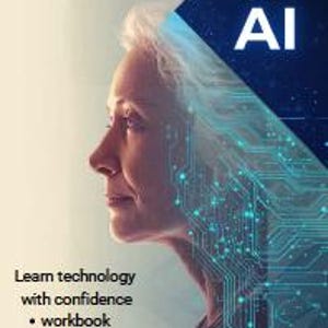 May include: A book cover with the title "Aging with AI" and the text "Learn technology with confidence • workbook". The cover features a side profile of a person with white hair and a blue and white digital circuit design.