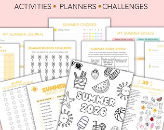 Summer Schedule Planner - Kids Activity Calendar & Day Planner - Chore Chart - Daily Routine - Reading Challenge Trackers - Bucket Lists