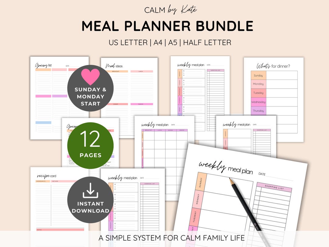 Weekly Meal Plan Printable, Family Menu Planner, Food Shopping Grocery ...