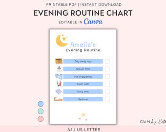 Editable Evening Routine chart for kids - Visual schedule and routine chart - Daily routine chart - Printable and fully editable