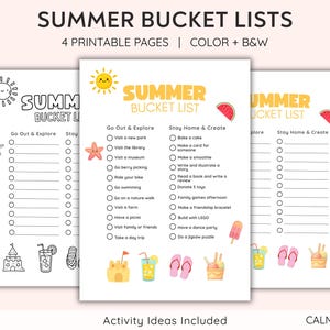 May include: Four printable summer bucket list pages in colour and black and white. The pages feature the text SUMMER BUCKET LIST, a smiling sun, watermelon, and activity checklists under the headings Go Out & Explore and Stay Home & Create.