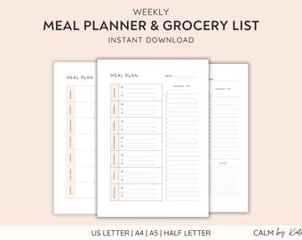 Weekly Meal Planner Printable and Grocery Lists, Food planner and meal plan - Instant Download. Sunday and Monday Start