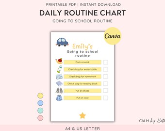Editable Daily School Routine chart for kids - Visual schedule  - Routine board - Morning School Checklist - Fully editable in Canva