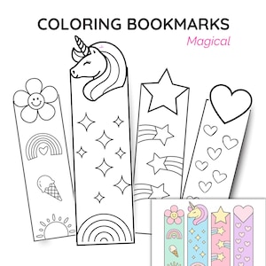 May include: Four black and white line art colouring bookmarks with the text COLORING BOOKMARKS Magical. Designs include a flower, rainbow, ice cream, sun, unicorn, stars, shooting stars, and hearts. A small coloured version is shown at the bottom.