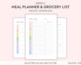 Weekly Meal Planner Printable and Grocery Lists, Food planner and meal plan - Instant Download. Sunday and Monday Start