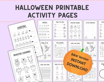 Halloween Busy Book Printable, Color, Trace, Math, Alphabet + Number Worksheets, Montessori Toddler Binder, Fall, cute kids play activity