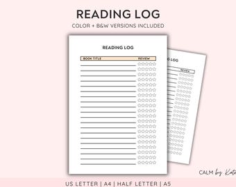 Reading Log Printable - Book Review Tracker - Reading Journal - Books to Read List TBR - Habit Tracker - Instant Download