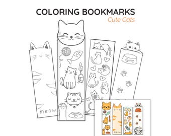 Printable Coloring Bookmarks for Kids and Women, Cat Bookmark, DIY Craft for home, school, party activity, homeschool (Instant Download)