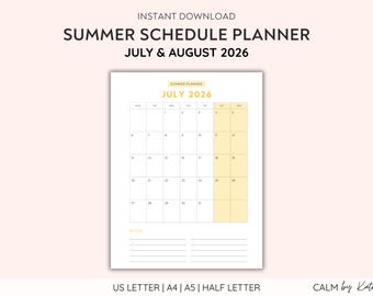 2026 Summer Planner Calendar - July August Monthly Planner - Kids Summer Schedule Planner - Homeschool Summer Planner - Digital & Printable