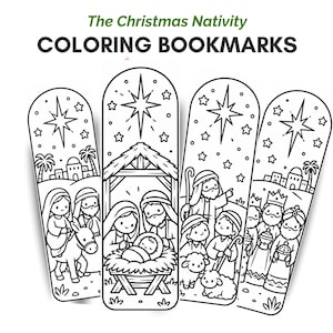 May include: Four vertical bookmarks with black and white line art for coloring, featuring The Christmas Nativity theme. The designs depict scenes of the nativity, including the manger, the star, and figures, with the text The Christmas Nativity COLORING BOOKMARKS.