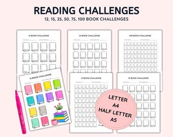 BOOK Reading Tracker - Bullet Journal Log Page - Reading Challenge - 12, 15, 25, 50, 75, 100, book challenge - Printable Book Lover Activity